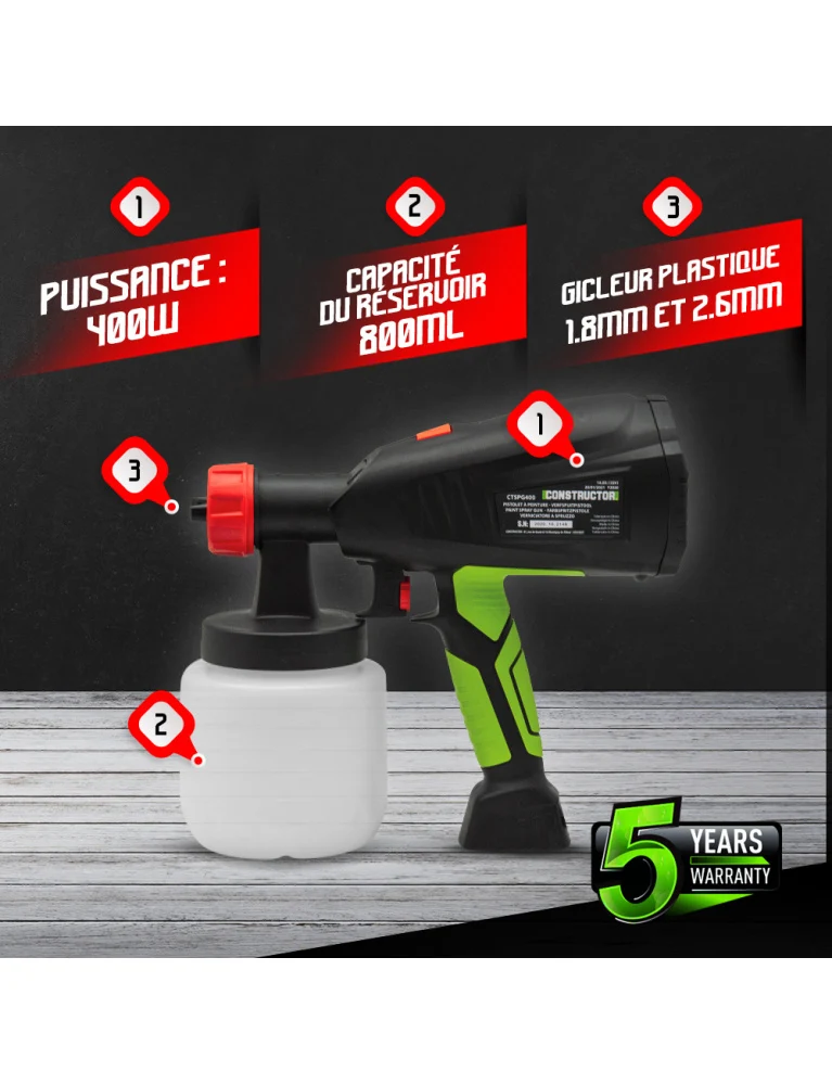 Pistolet peinture 400W – réservoir 800ml, buses 1.8 & 2.6mm, basse pression