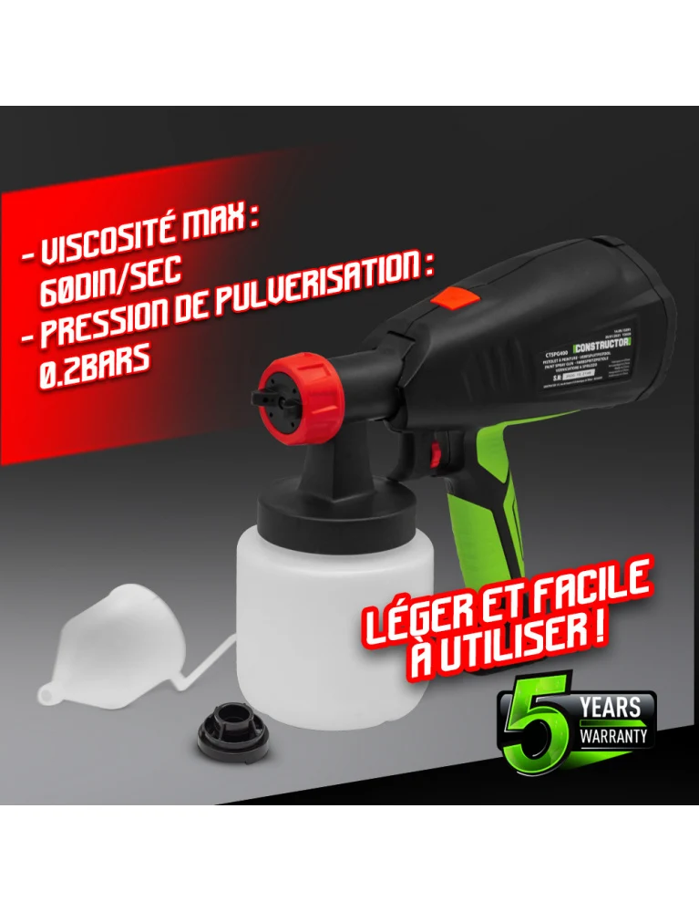 Pistolet peinture 400W – réservoir 800ml, buses 1.8 & 2.6mm, basse pression