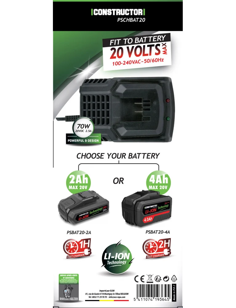 Chargeur rapide pour batterie 20V - Constructor