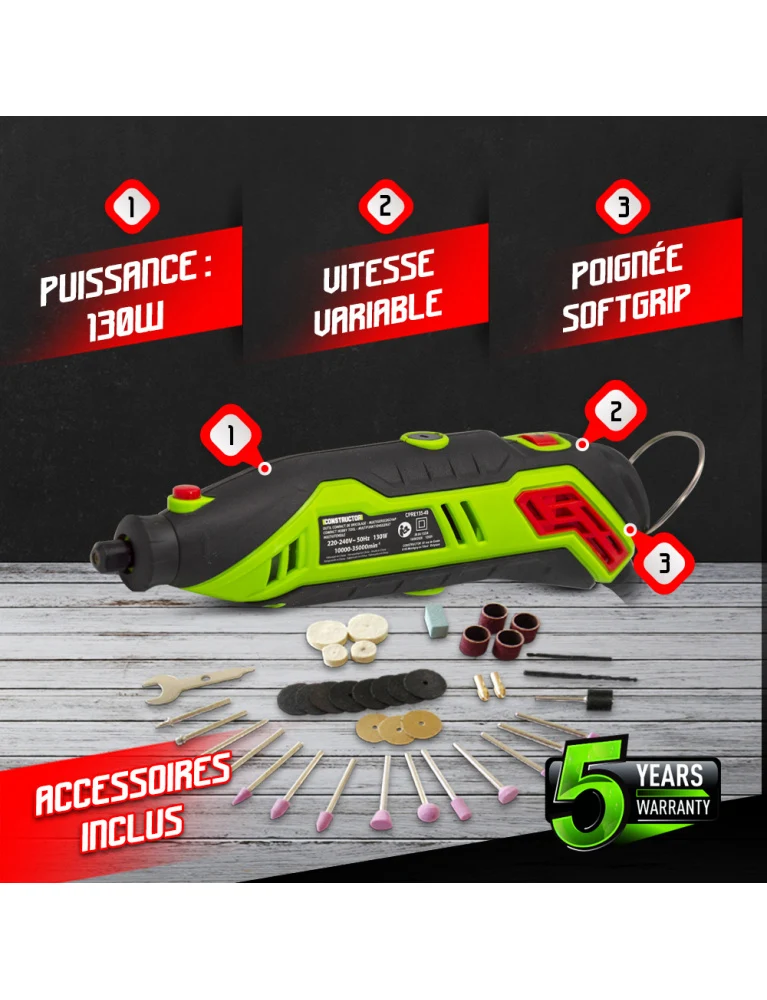 Mini outil multifonctions 130W – vitesse variable 10 000 à 35 000 tr/min – 40 accessoires – mallette incluse