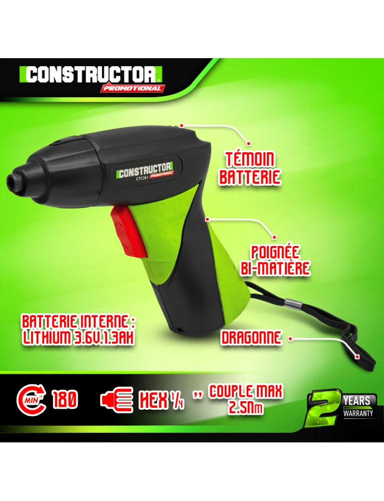 Tournevis rechargeable 3.6V lithium – 1.3Ah, 2.5 Nm, avec 10 embouts