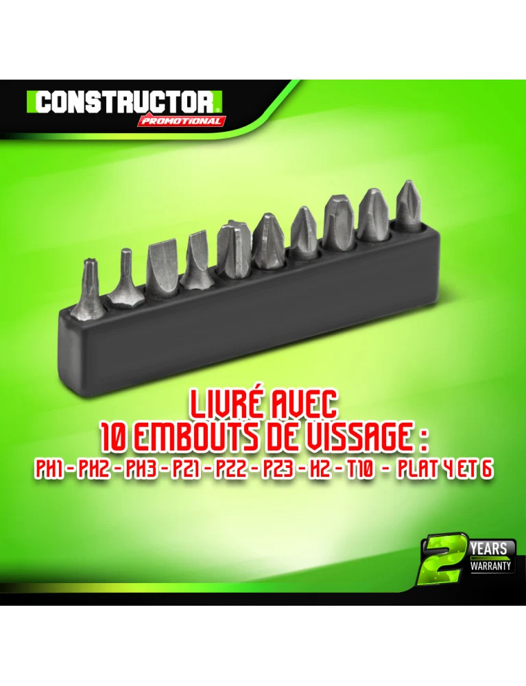 Tournevis rechargeable 3.6V lithium – 1.3Ah, 2.5 Nm, avec 10 embouts