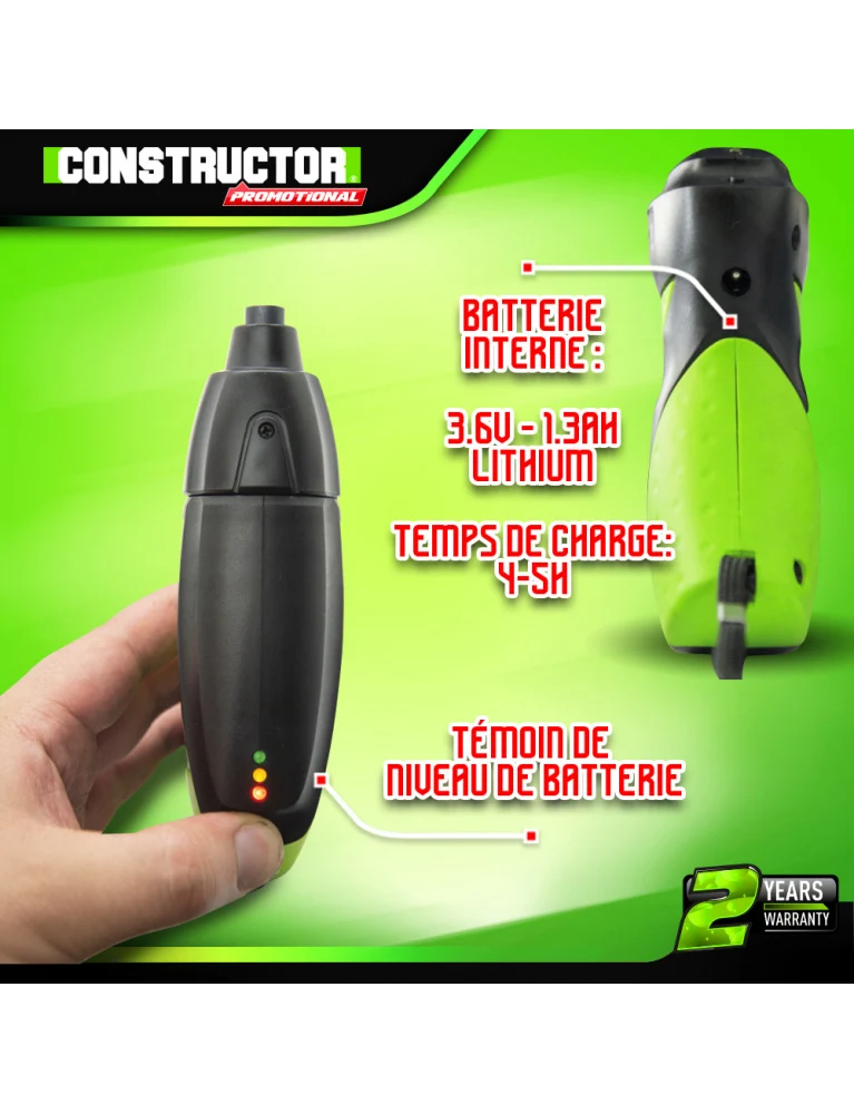 Tournevis rechargeable 3.6V lithium – 1.3Ah, 2.5 Nm, avec 10 embouts