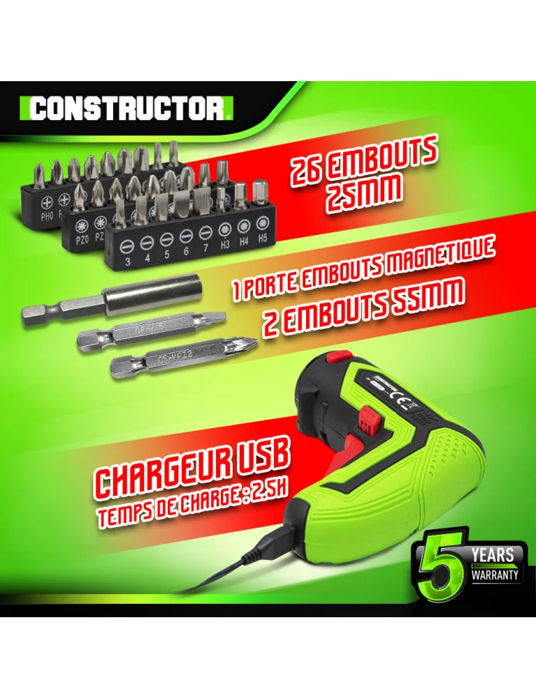 Tournevis rechargeable 4V lithium – 1500 mAh, 4 Nm, coffret 31 accessoires