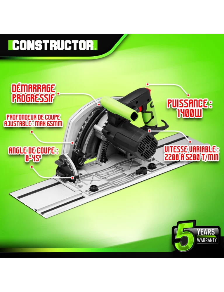 Scie circulaire plongeante 1400W – 190 mm – rails inclus – coupe précise et puissante