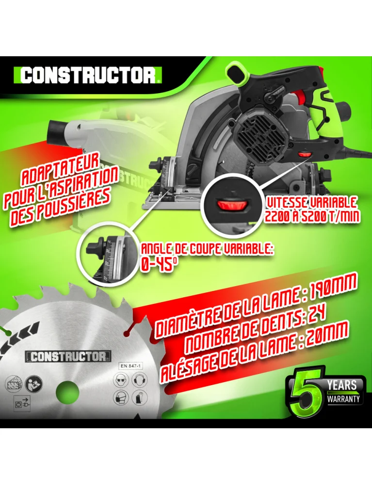 Scie circulaire plongeante 1400W – 190 mm – rails inclus – coupe précise et puissante