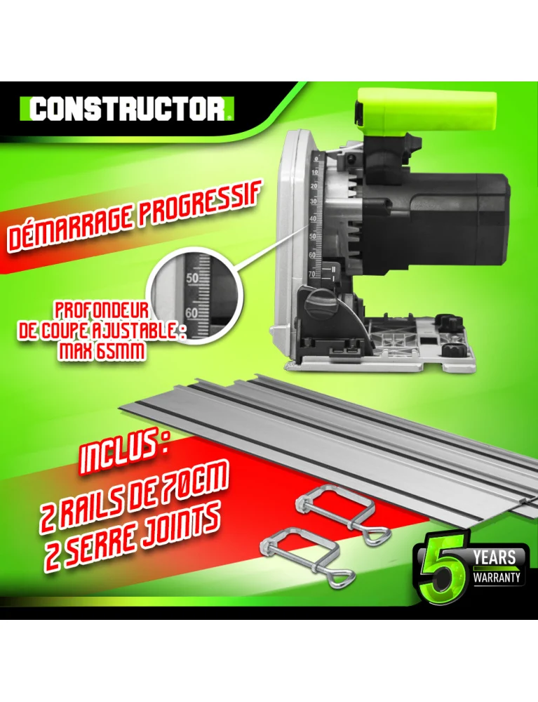 Scie circulaire plongeante 1400W – 190 mm – rails inclus – coupe précise et puissante