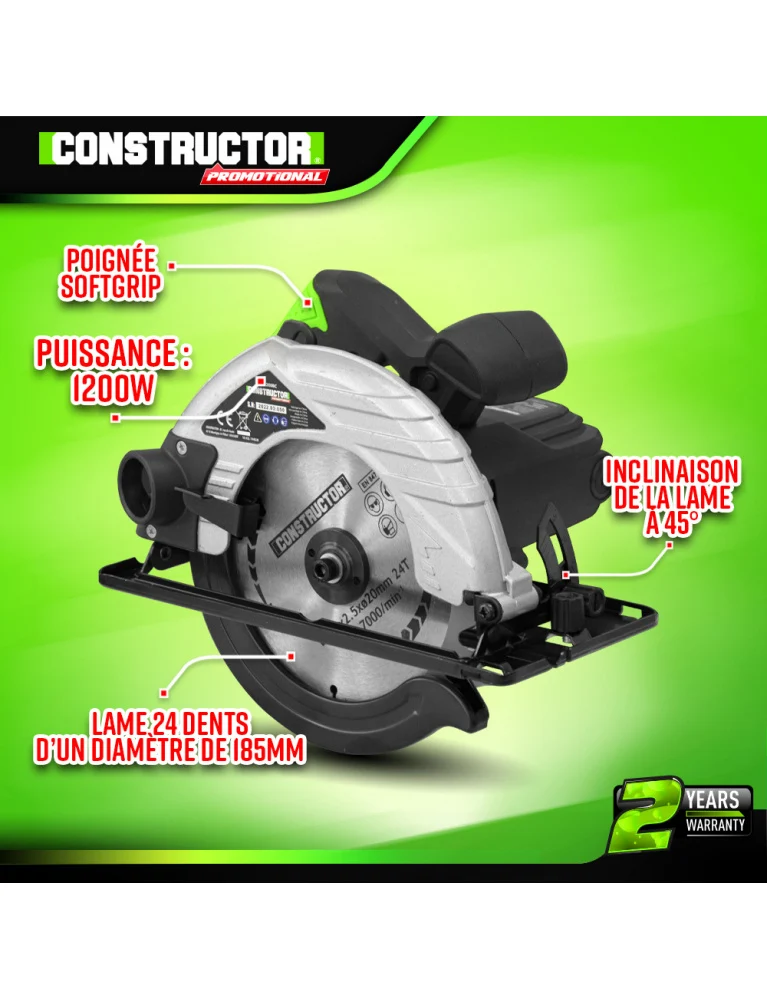 Scie circulaire 1200W – lame 185 mm – coupe 65 mm – puissante, précise et ergonomique