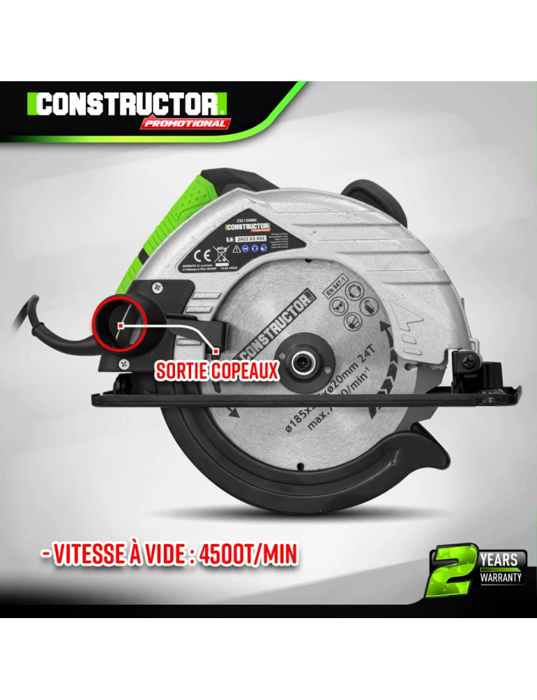Scie circulaire 1200W – lame 185 mm – coupe 65 mm – puissante, précise et ergonomique