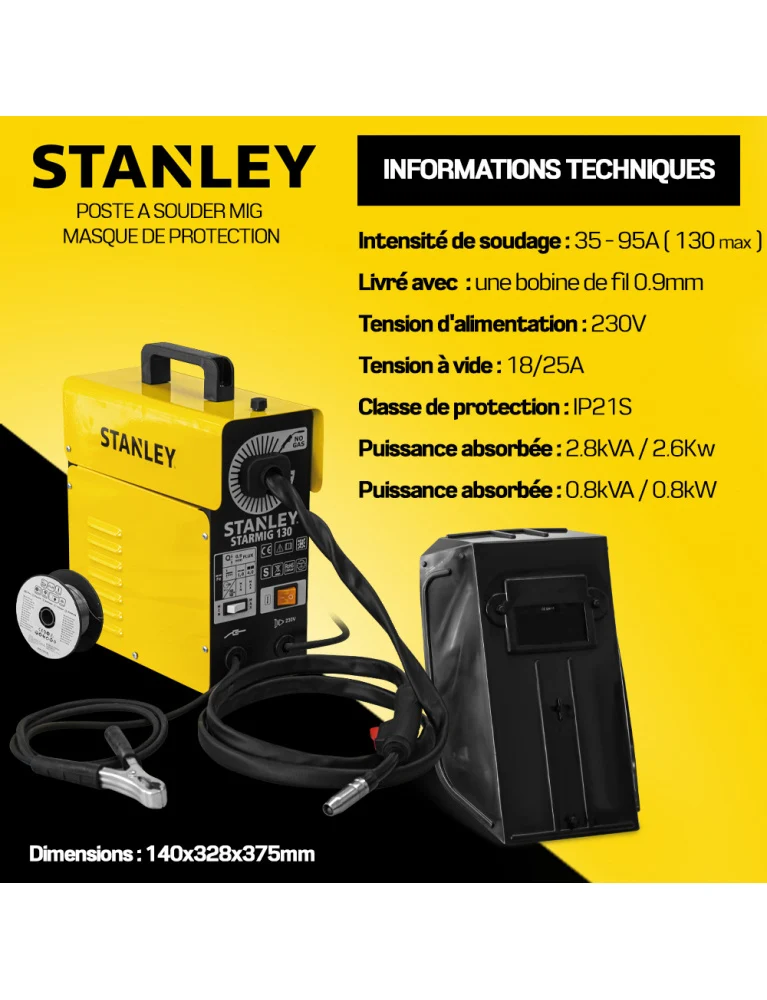 Poste à souder Mig 230V – masque de protection – bobine 0,9 mm – torche 2 m – Compact, puissant et précis