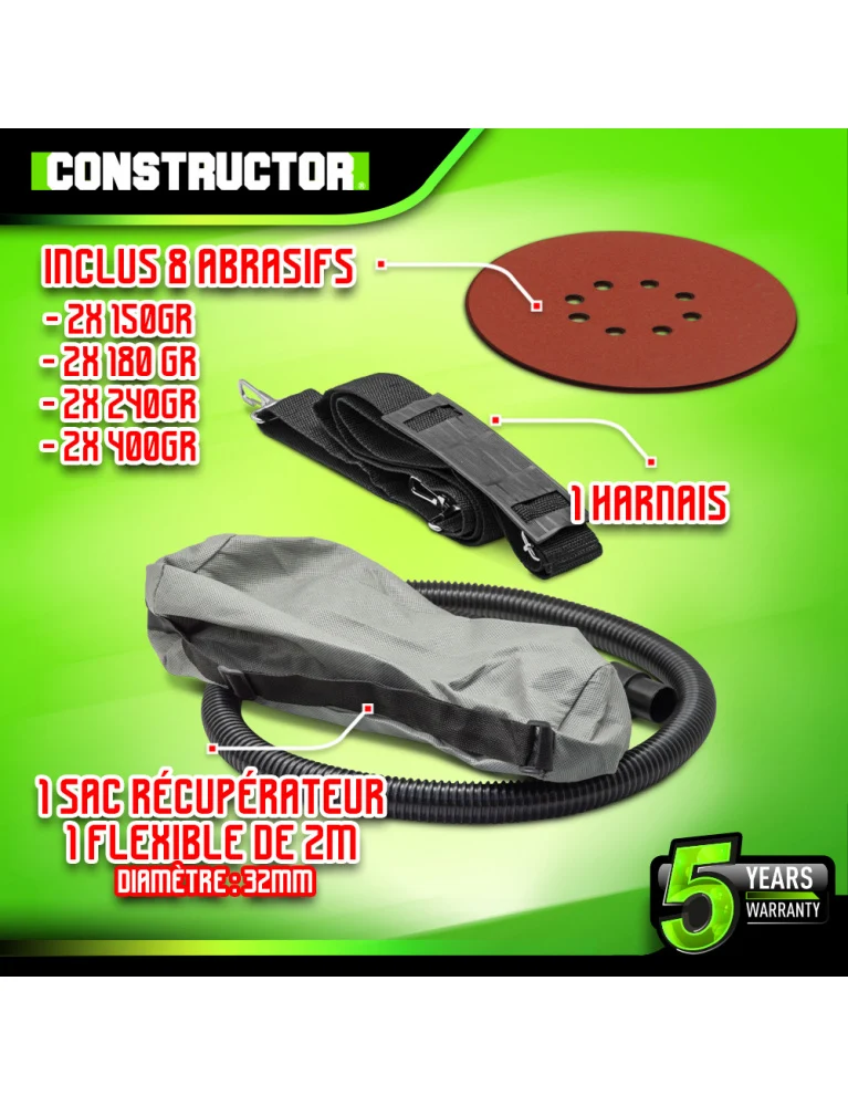 Ponceuse à plâtre 1220W – 225 mm – Vitesse réglable – Sac récupérateur & 8 abrasifs inclus