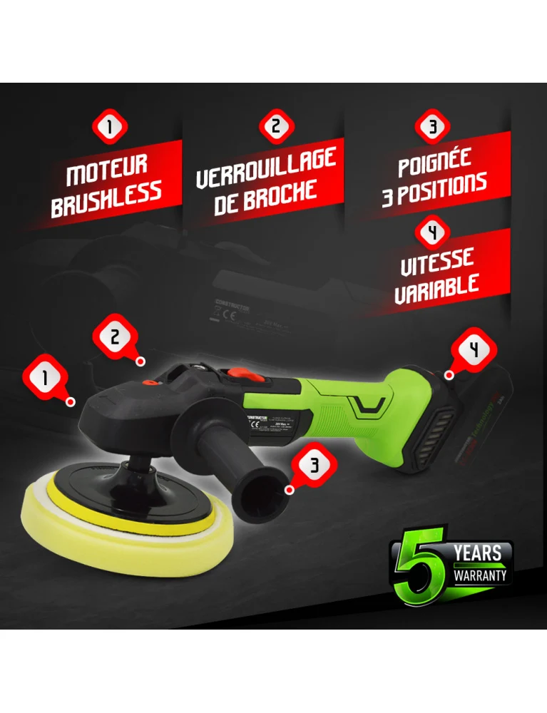 Polisseuse sans fil 20V – Moteur brushless – Vitesse variable – Démarrage progressif – Plateau 145 mm