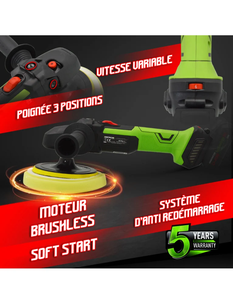 Polisseuse sans fil 20V – Moteur brushless – Vitesse variable – Démarrage progressif – Plateau 145 mm