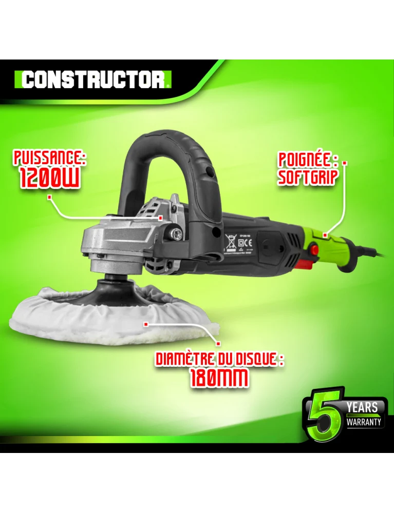 Polisseuse 1200W – Vitesse variable – Plateau 180 mm – Poignée softgrip – Filetage M14