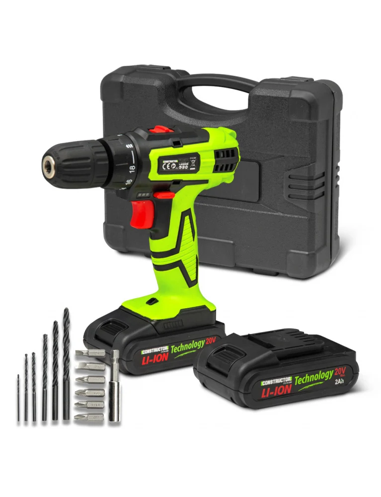 Perceuse visseuse 20V – Avec 2 batteries lithium 2Ah – Mandrin 10 mm – Chargeur rapide & coffret avec accessoires