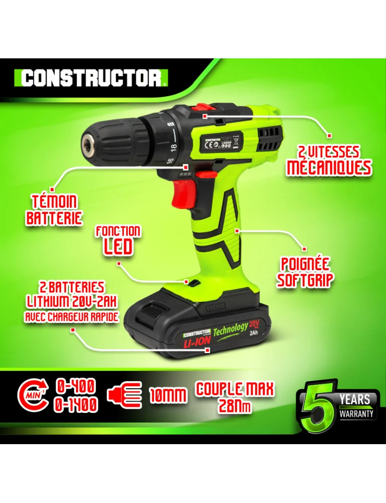 Perceuse visseuse 20V – Avec 2 batteries lithium 2Ah – Mandrin 10 mm – Chargeur rapide & coffret avec accessoires
