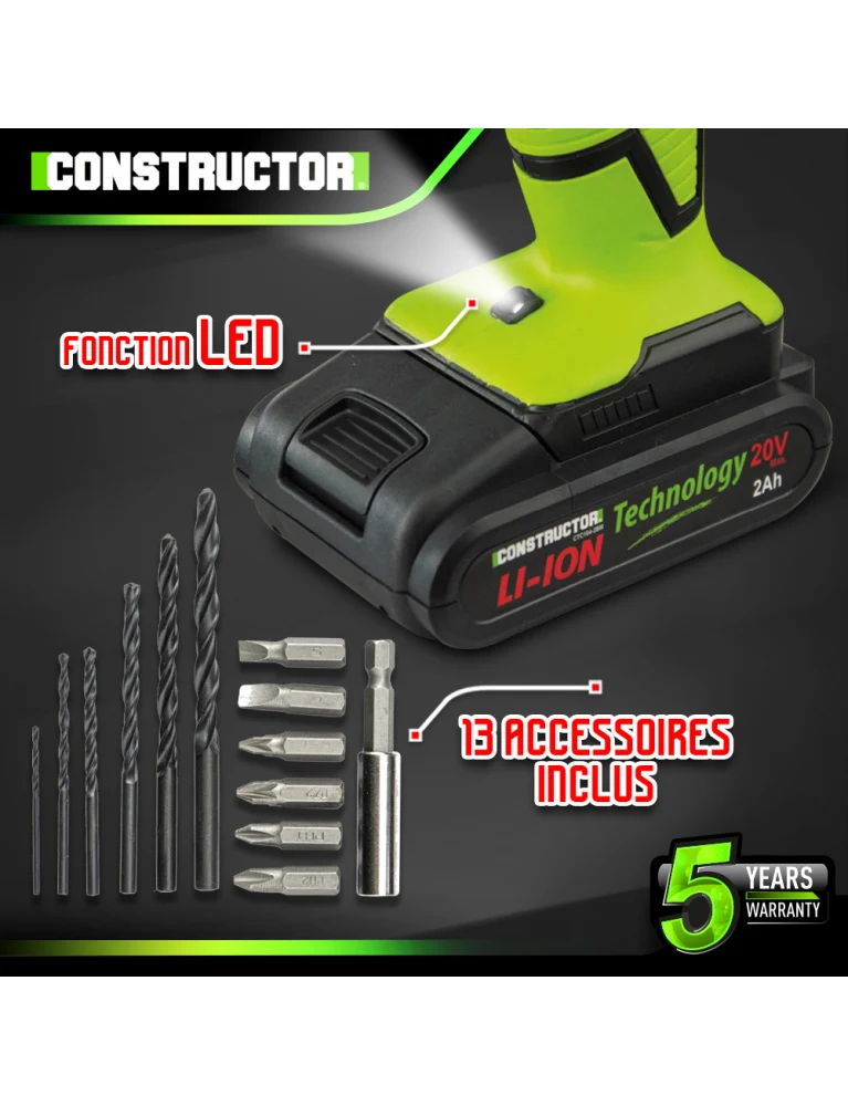 Perceuse visseuse 20V – Avec 2 batteries lithium 2Ah – Mandrin 10 mm – Chargeur rapide & coffret avec accessoires