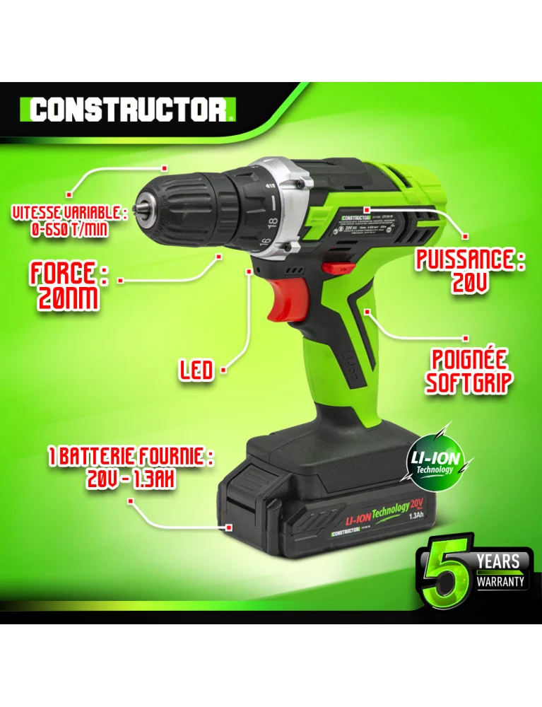 Perceuse visseuse 20V – Avec batterie lithium 1.3Ah – Mandrin 10 mm – Compacte et ergonomique