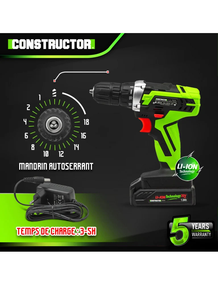 Perceuse visseuse 20V – Avec batterie lithium 1.3Ah – Mandrin 10 mm – Compacte et ergonomique