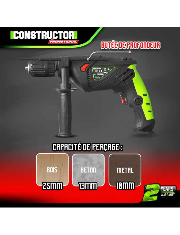 Perceuse à percussion 710W – Mandrin autoserrant 13 mm – Vitesse variable – Bois, métal & béton