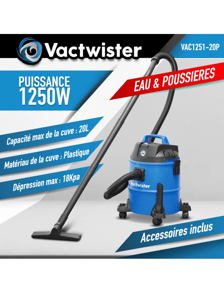 Aspirateur eau et poussières 1250W – 20L plastique – Soufflerie – Léger et performant