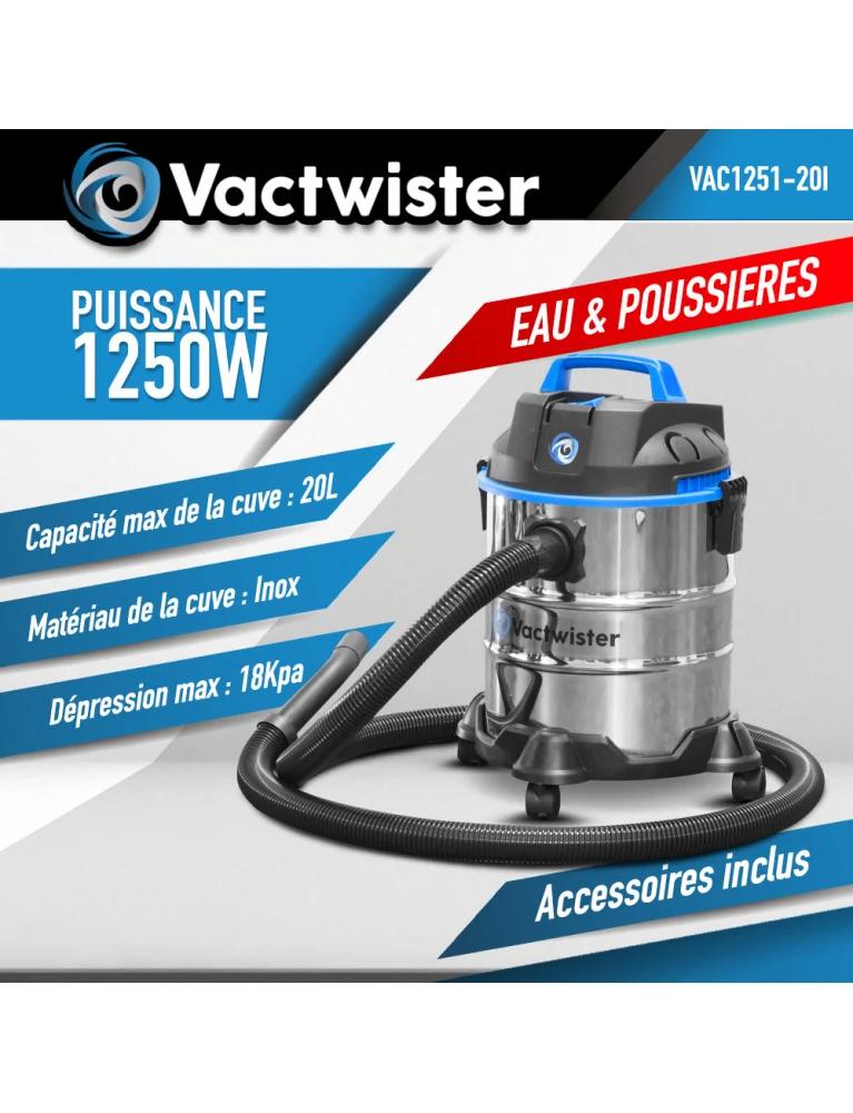 Aspirateur eau et poussières 1250W – 20L Inox – Soufflerie – Compact et puissant