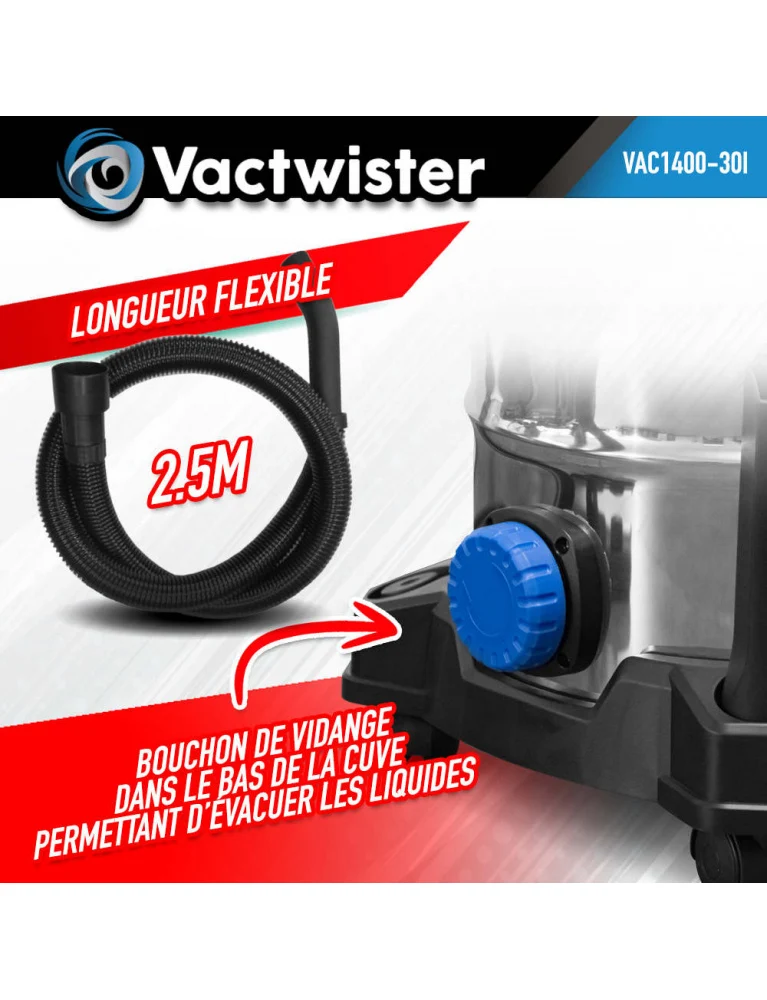 Aspirateur eau et poussières 1400W – 30L Inox – Soufflerie et bouchon de vidange