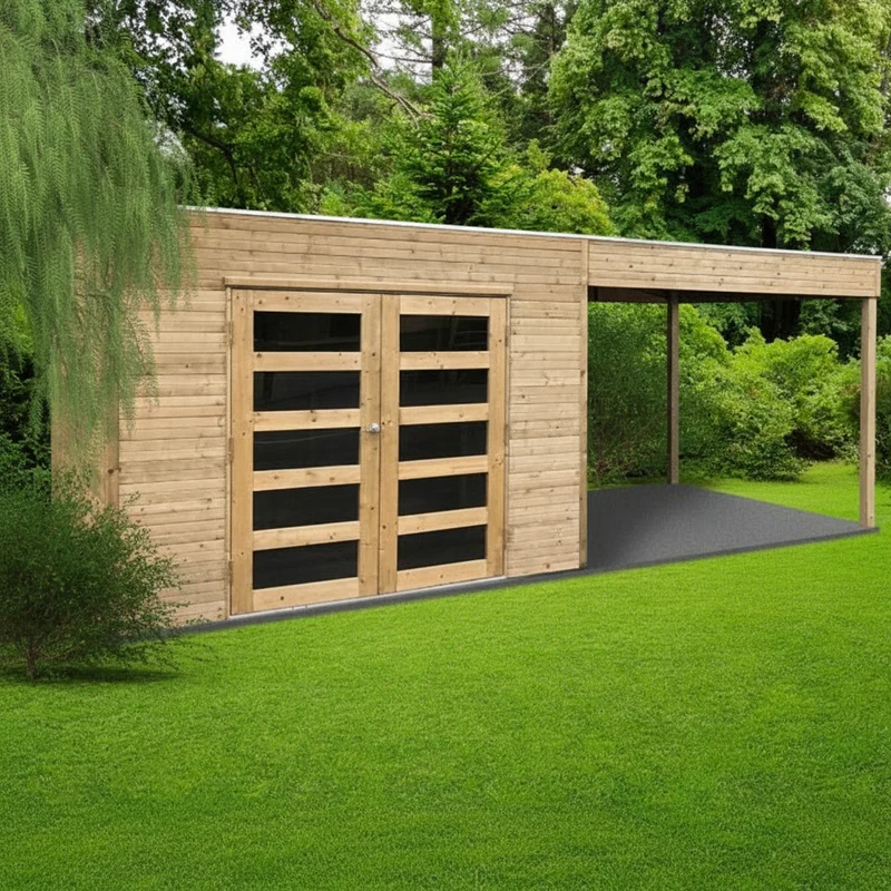 Abri de jardin Salerno - avec extension - traité - 2,988+ 2,92 x 1,98 m- sapin du Nord certifié- toiture plate - double-porte avec fenêtres