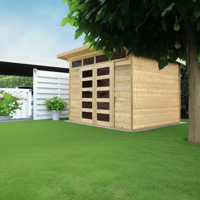 Abri de jardin Verona - 3 x 2,4 m - sapin du Nord certifié - toiture plate - double-porte avec fenêtres - bois imprégné