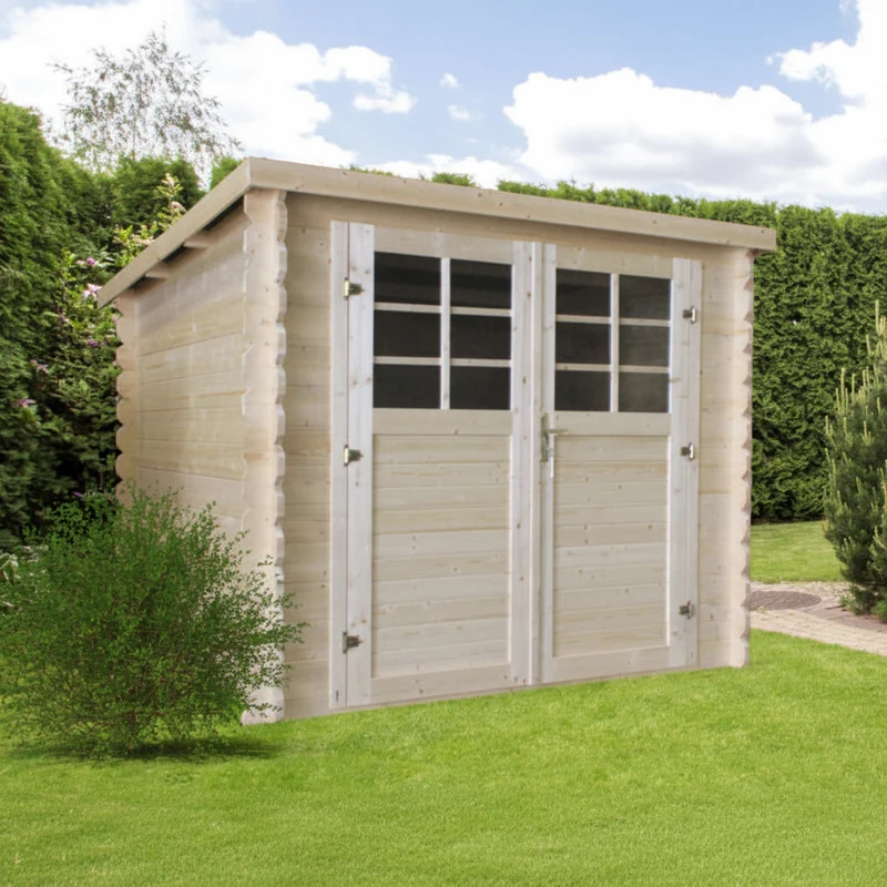 Abri de jardin Keiko - 2,38 x 2,38 m - sapin du Nord certifié - toiture plate avec pente légère - double-porte avec fenêtres