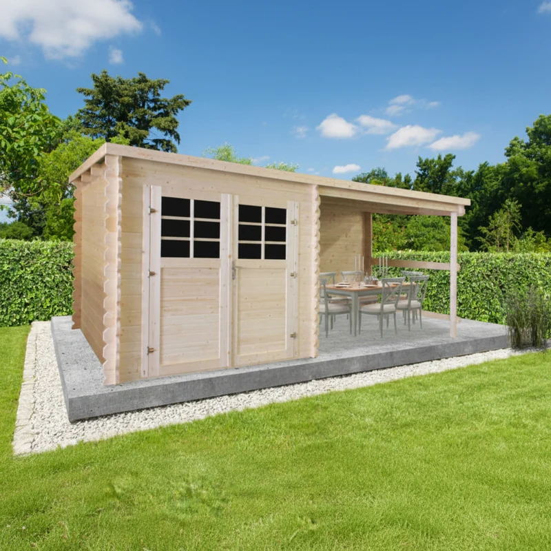 Abri de jardin Eden - 2,380+3,02 x 2,38 m - avec pergola - toiture plate pente légère - double-porte avec fenêtres