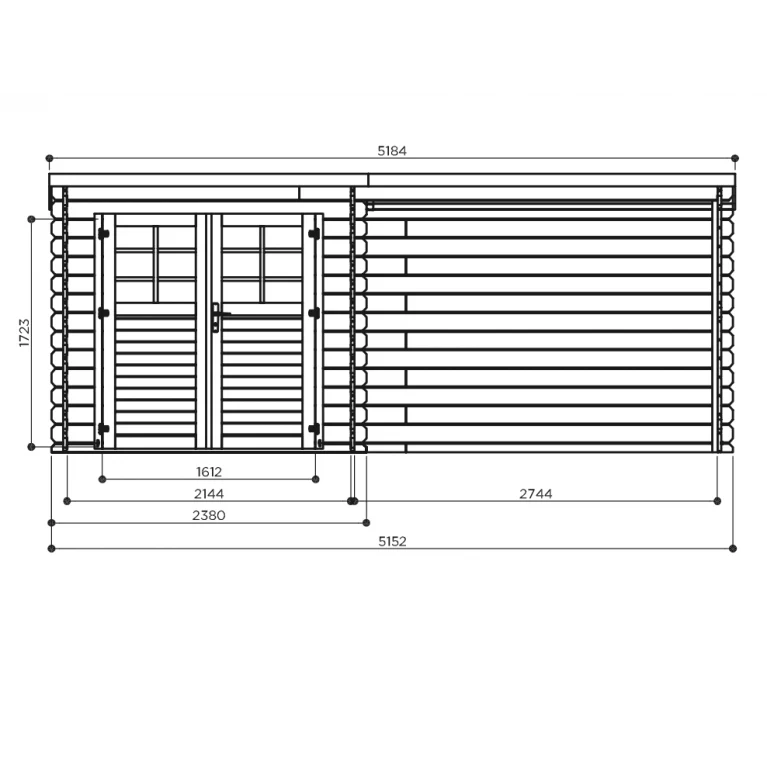 Abri de jardin Eden - 2,380+3,02 x 2,38 m - avec pergola - toiture plate pente légère - double-porte avec fenêtres
