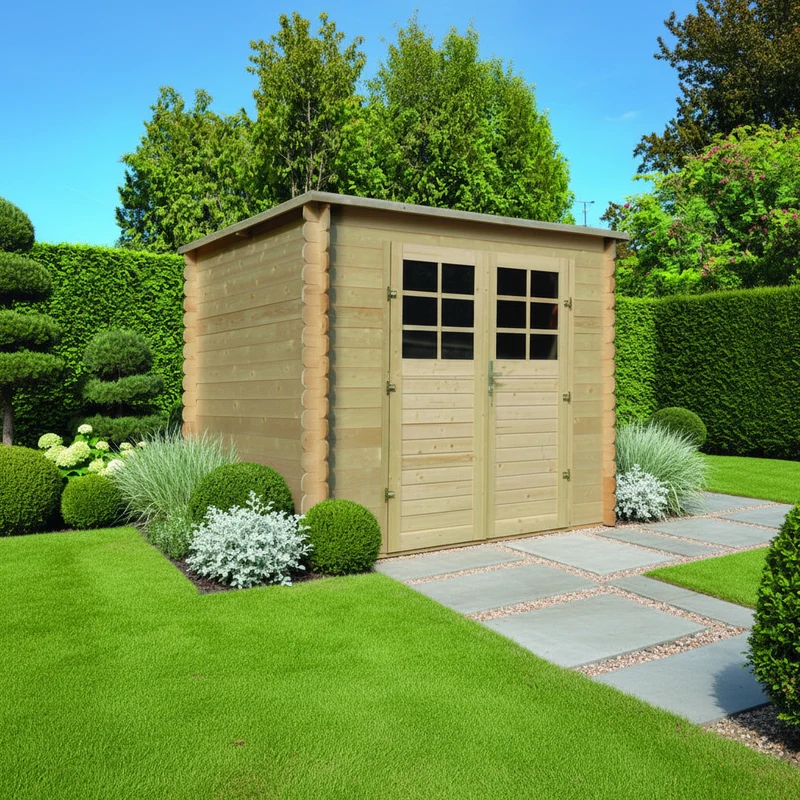 Abri de jardin Calypso - 1,98 x 1,98 m - sapin du Nord certifié - toiture plate - double-porte avec fenêtres
