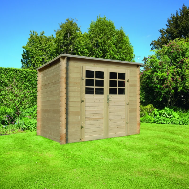 Abri de jardin Calypso - 1,98 x 1,98 m - sapin du Nord certifié - toiture plate - double-porte avec fenêtres