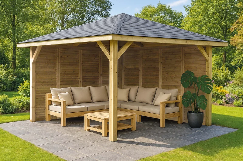 Kiosque de jardin en bois traité avec parois – 4,37 x 4,37 m – toit pyramidal shingle noir