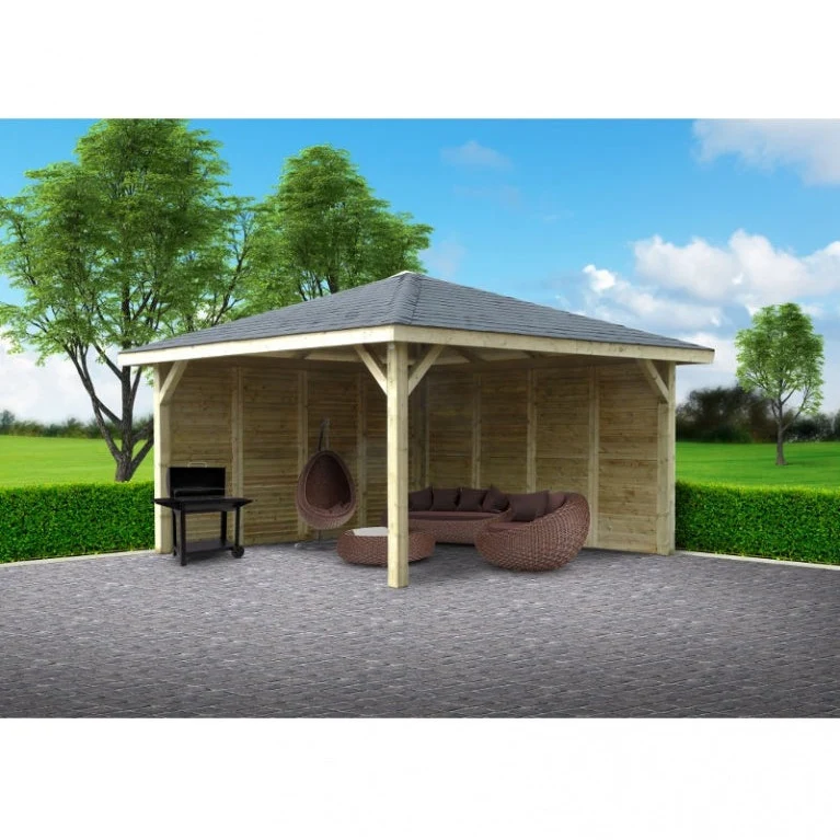 Kiosque de jardin en bois traité avec parois – 4,37 x 4,37 m – toit pyramidal shingle noir
