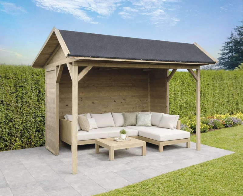 Kiosque de jardin Ronsburg en bois traité – 3,40 x 2,50 m – toit double pente roofing