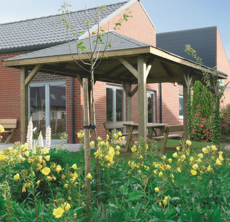 Kiosque de jardin en bois traité – 4,49 x 3,47 m – toit pyramidal shingle noir