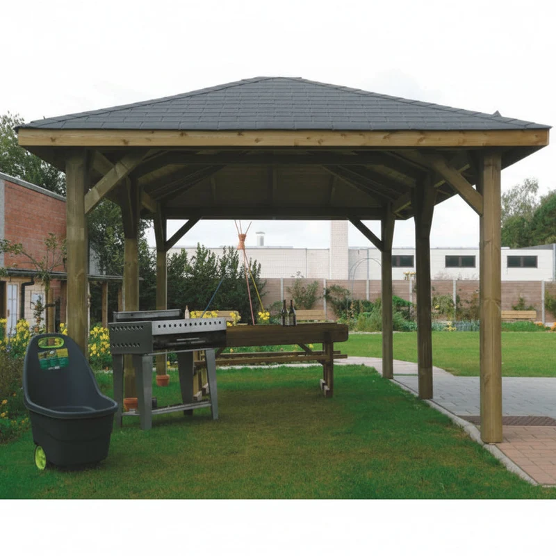 Kiosque de jardin en bois traité – 6,29 x 3,47 m – toit pyramidal shingle noir
