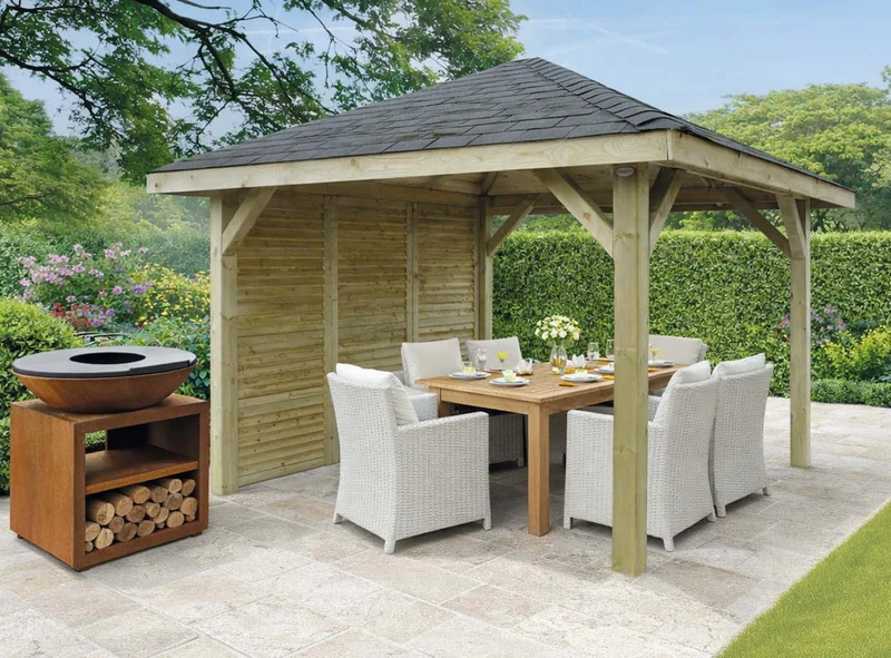 Kiosque de jardin en bois traité – 3,47 x 3,47 m – toit pyramidal shingle noir avec parois