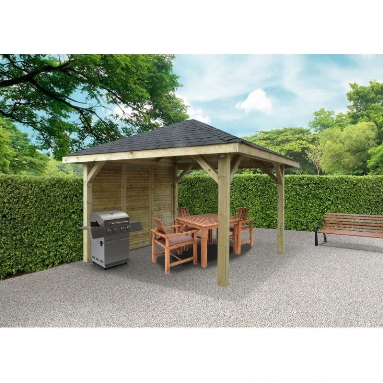Kiosque de jardin en bois traité – 3,47 x 3,47 m – toit pyramidal shingle noir avec parois