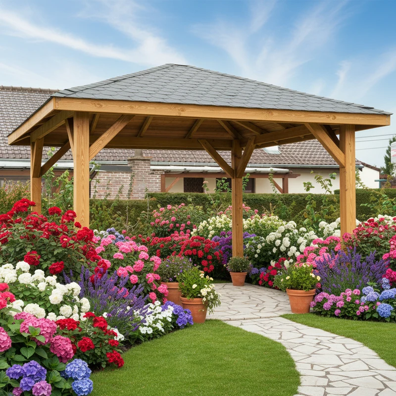 Kiosque de jardin en bois traité – 4,37 x 4,37 m – toit pyramidal shingle noir