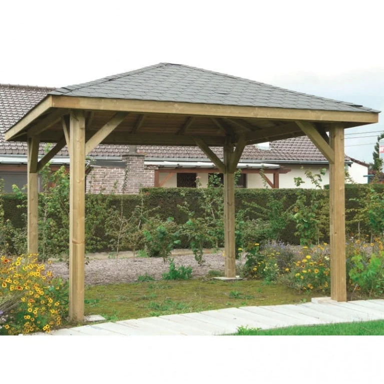 Kiosque de jardin en bois traité – 4,37 x 4,37 m – toit pyramidal shingle noir