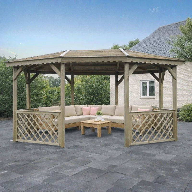 Pavillon en bois octogonal 445 x 340cm – 11,49 m² – toiture pyramidale – traité en autoclave – sapin du nord certifié
