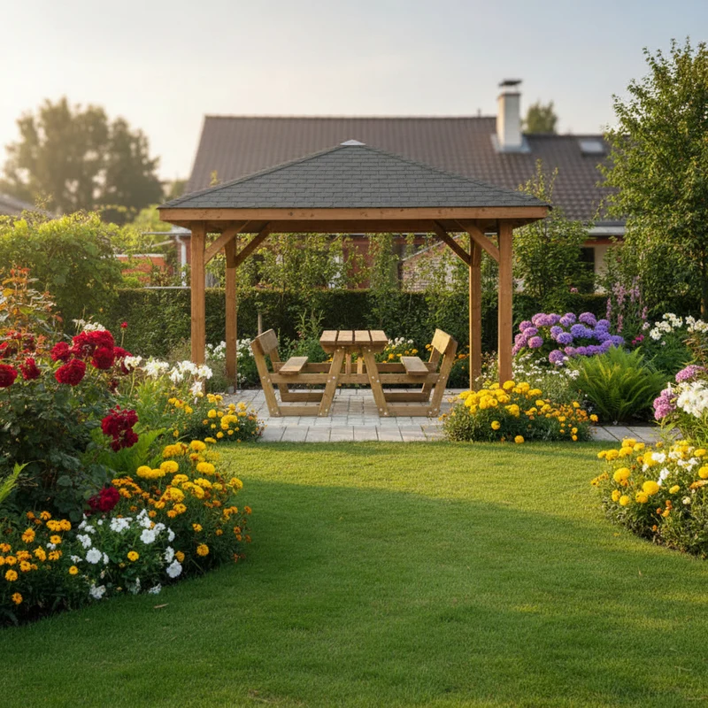 Kiosque de jardin en bois traité – 3,47 x 3,47 m – toit pyramidale shingle noir