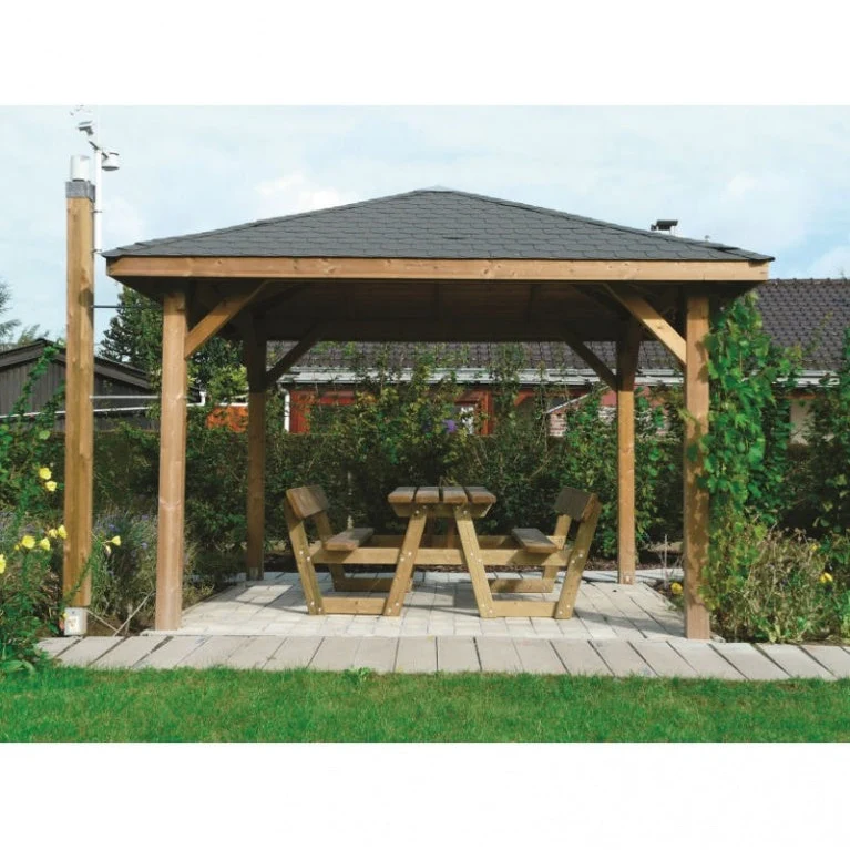 Kiosque de jardin en bois traité – 3,47 x 3,47 m – toit pyramidale shingle noir