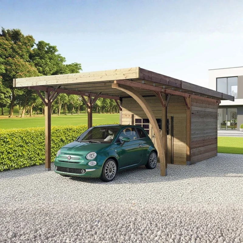 Carport en bois avec abri 4 x 7 m – Sapin du Nord traité – Toit plat métal – Abri voiture et rangement combiné