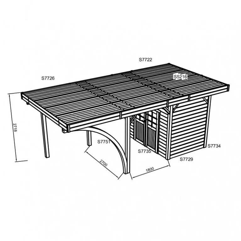 Carport en bois avec abri 4 x 7 m – Sapin du Nord traité – Toit plat métal – Abri voiture et rangement combiné
