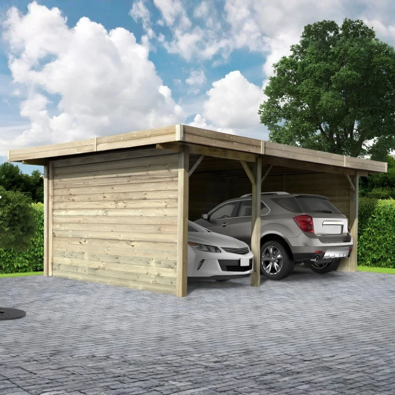 Carport en bois fermé 5 x 7 m – Sapin du Nord traité – Toit plat métal – Grand abri voiture double robuste et durable