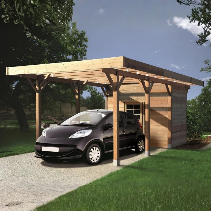 Carport en bois avec remise 3 x 7 m – Sapin du Nord traité – Toit plat métal – Abri voiture avec espace de rangement